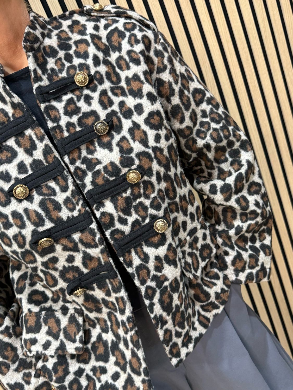 Leopard Print Military Style Jacket - Cream/Black/Brown