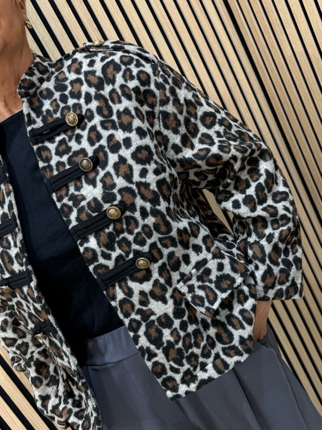 Leopard Print Military Style Jacket - Cream/Black/Brown