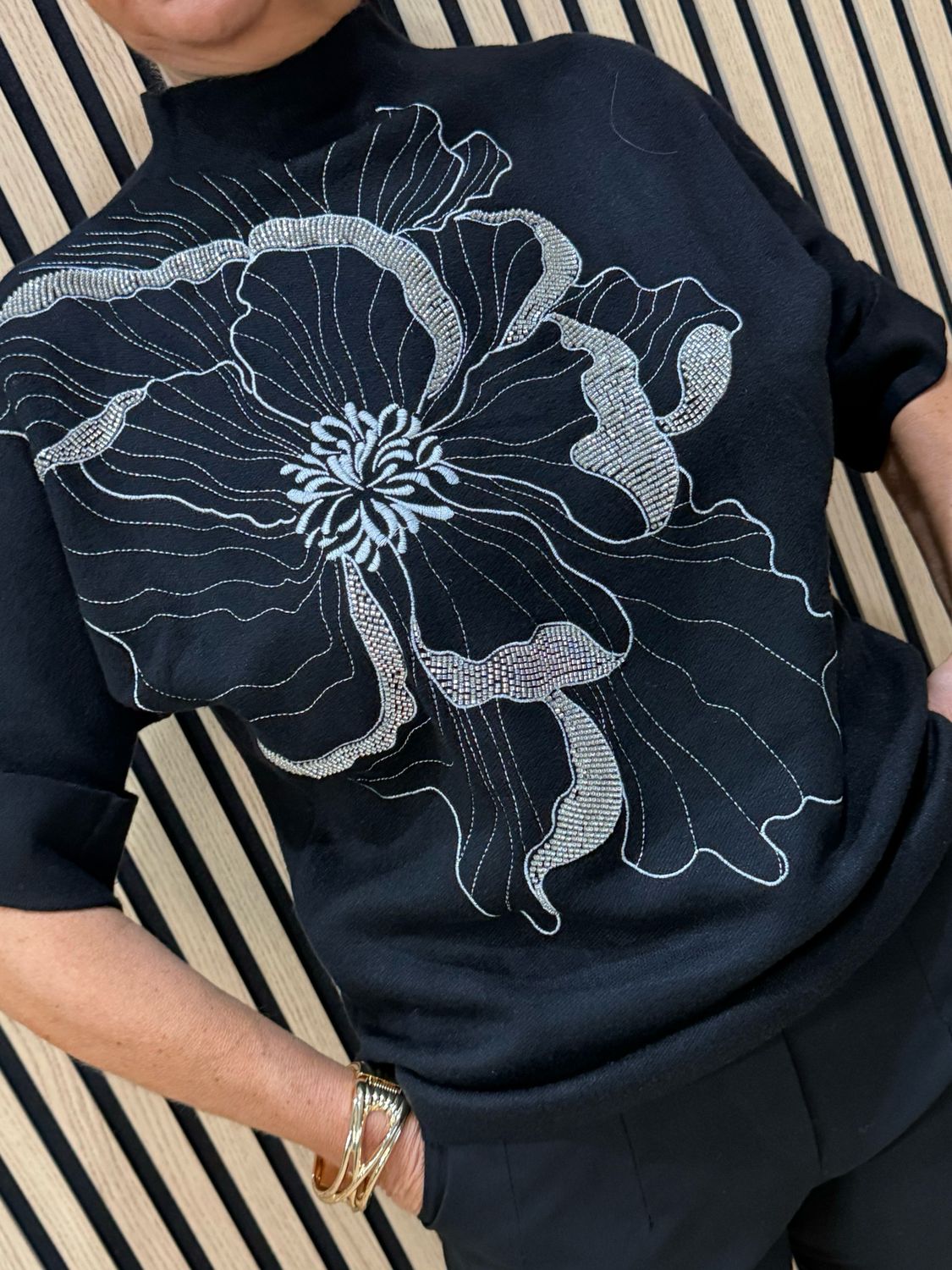 Floral Diamanté Soft Knit Jumper - Black