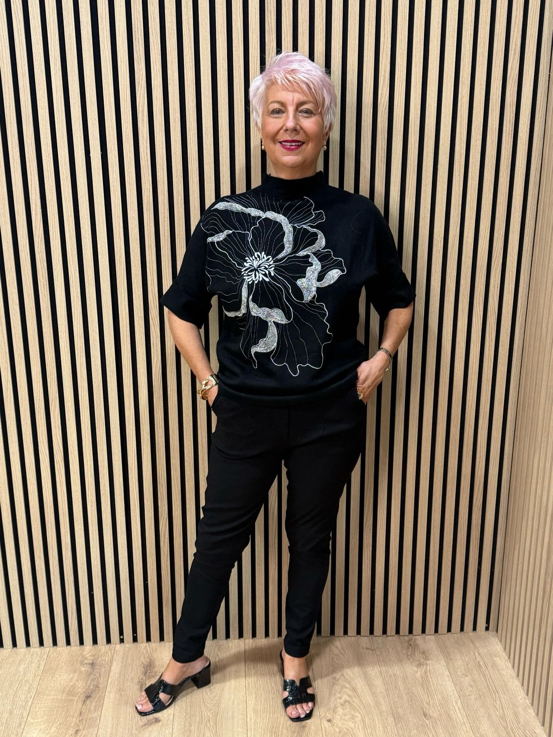 Floral Diamanté Soft Knit Jumper - Black