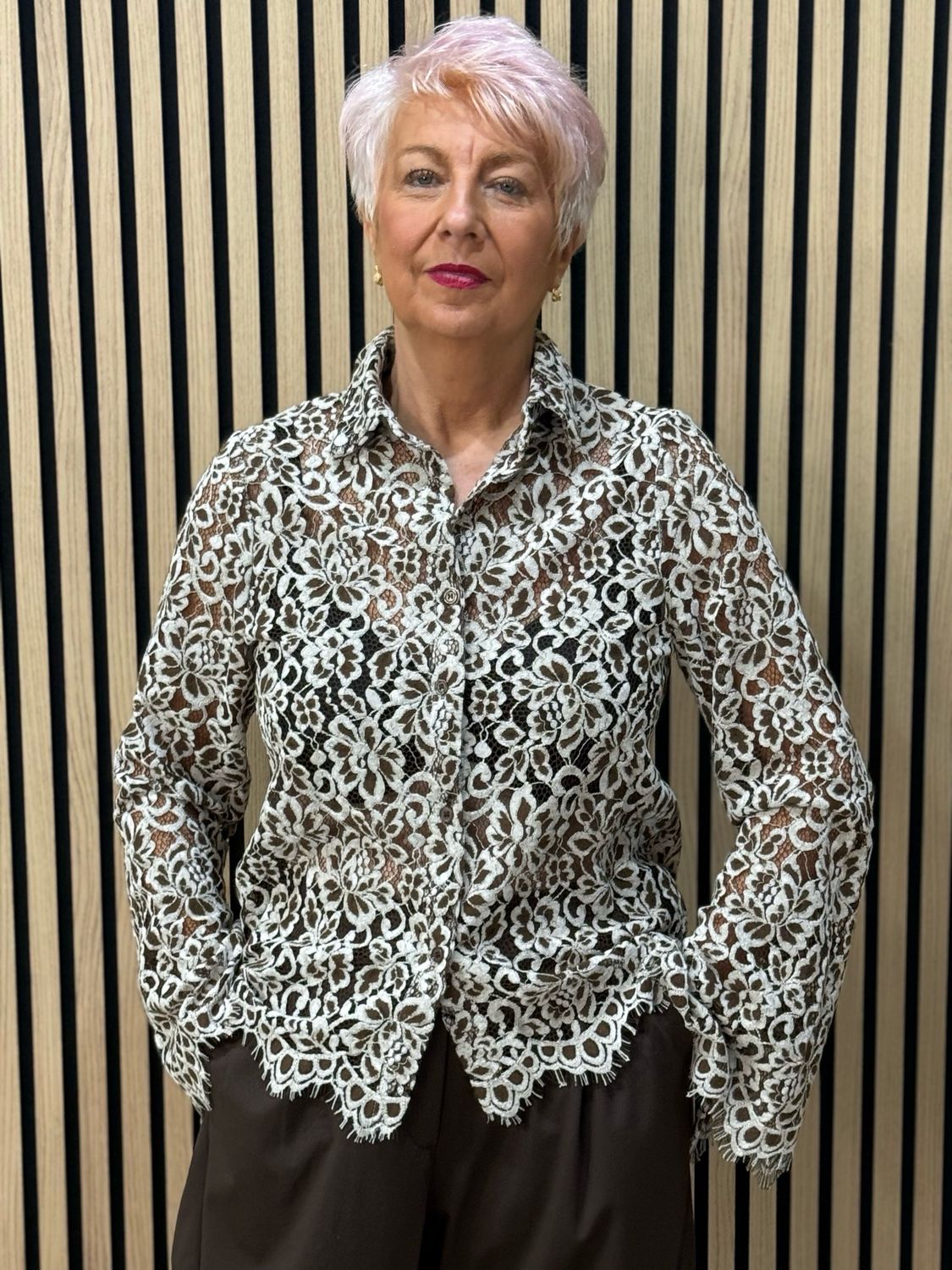 Floral Lace Button Through Shirt - Cream/Mocha