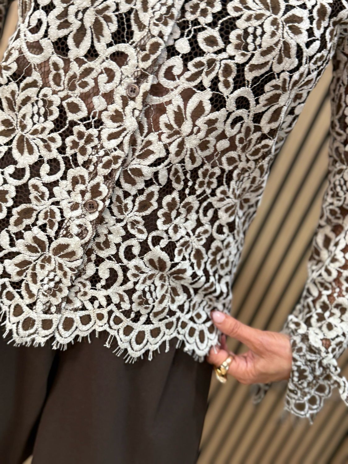 Floral Lace Button Through Shirt - Cream/Mocha