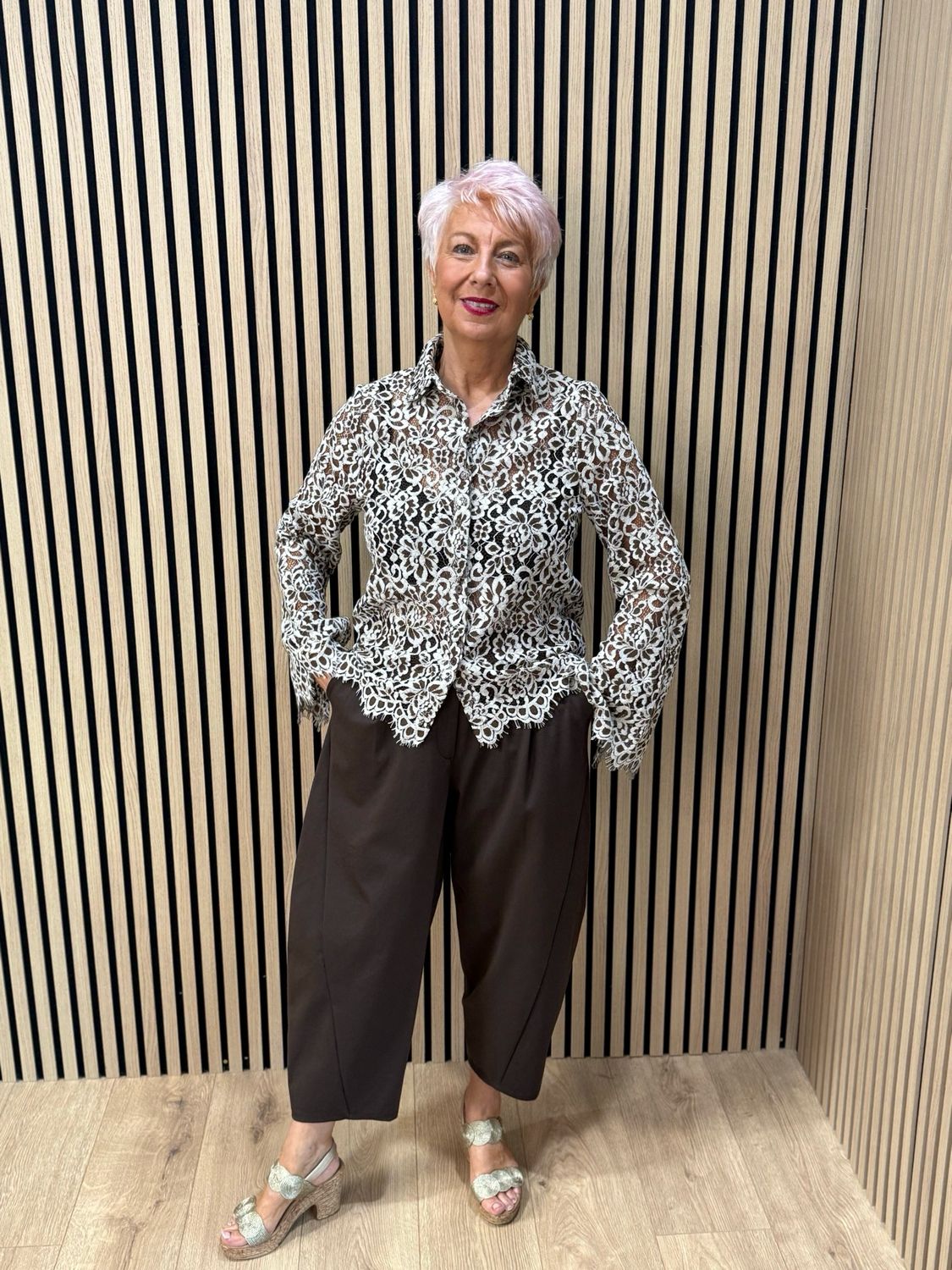 Floral Lace Button Through Shirt - Cream/Mocha