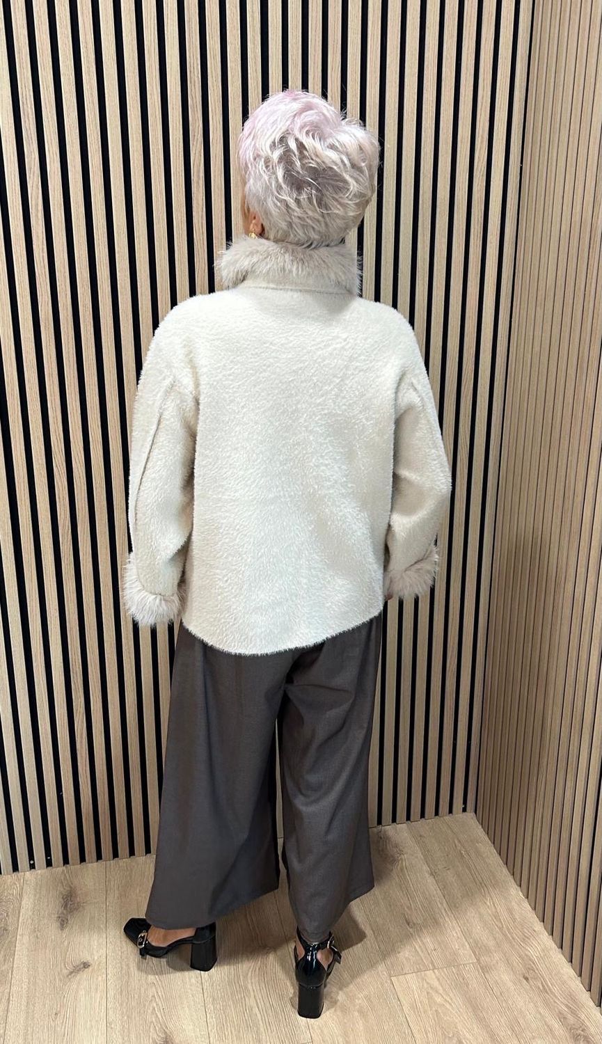 Faux Fur Trim Button Jacket - Cream