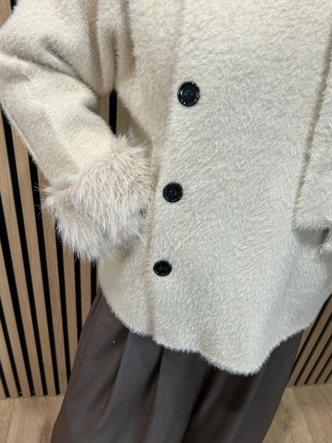 Faux Fur Trim Button Jacket - Cream