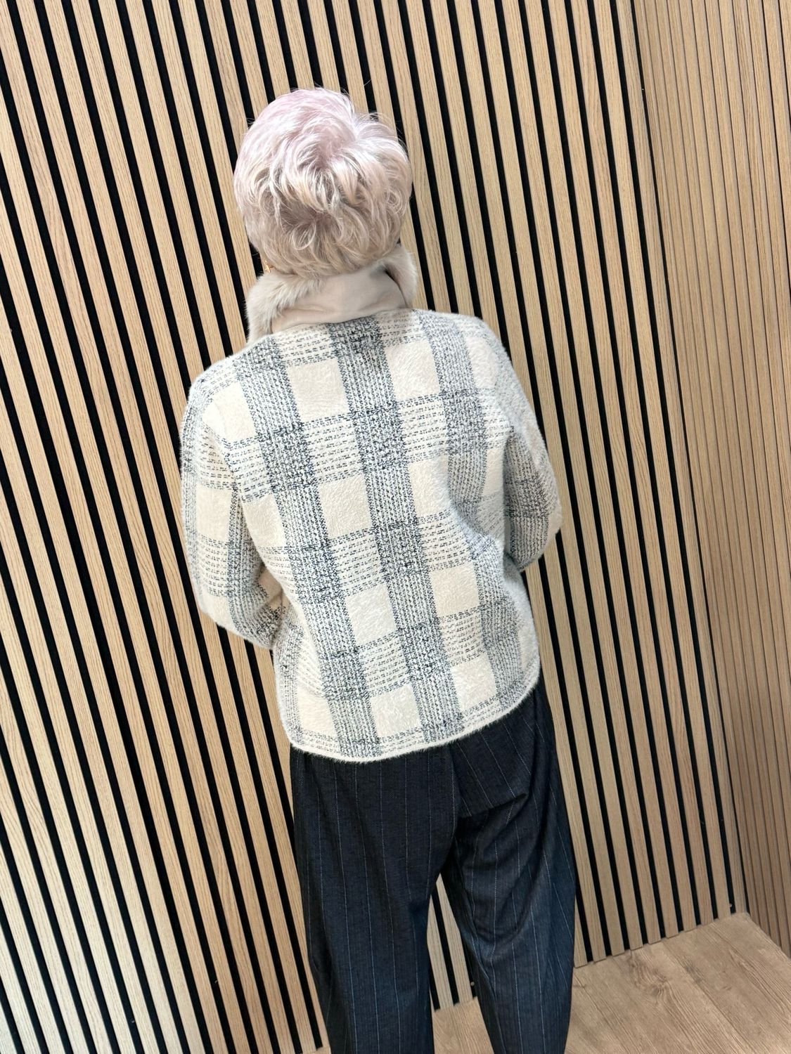 Checked Faux Fur Collar Jacket - Cream/Grey