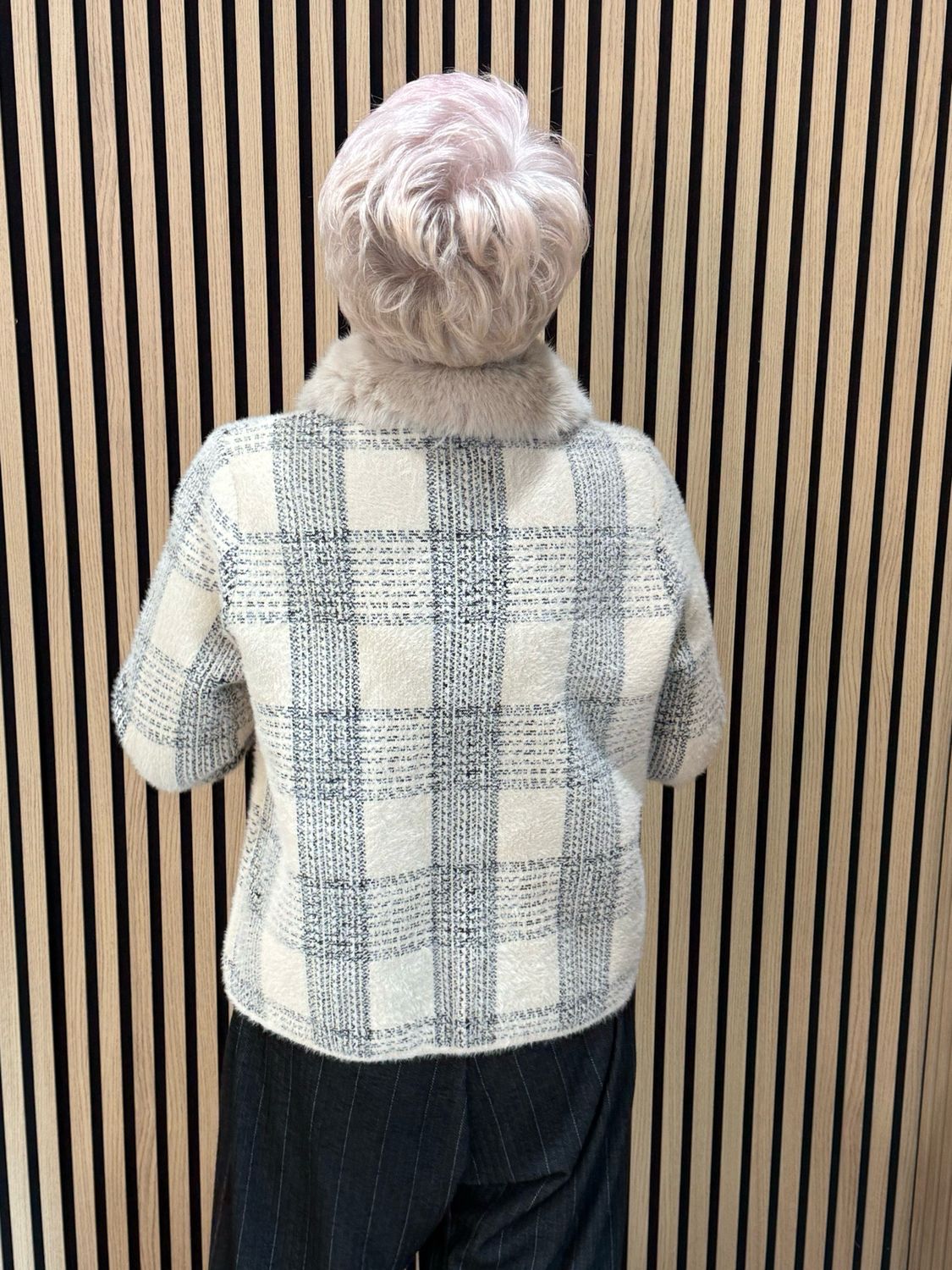 Checked Faux Fur Collar Jacket - Cream/Grey