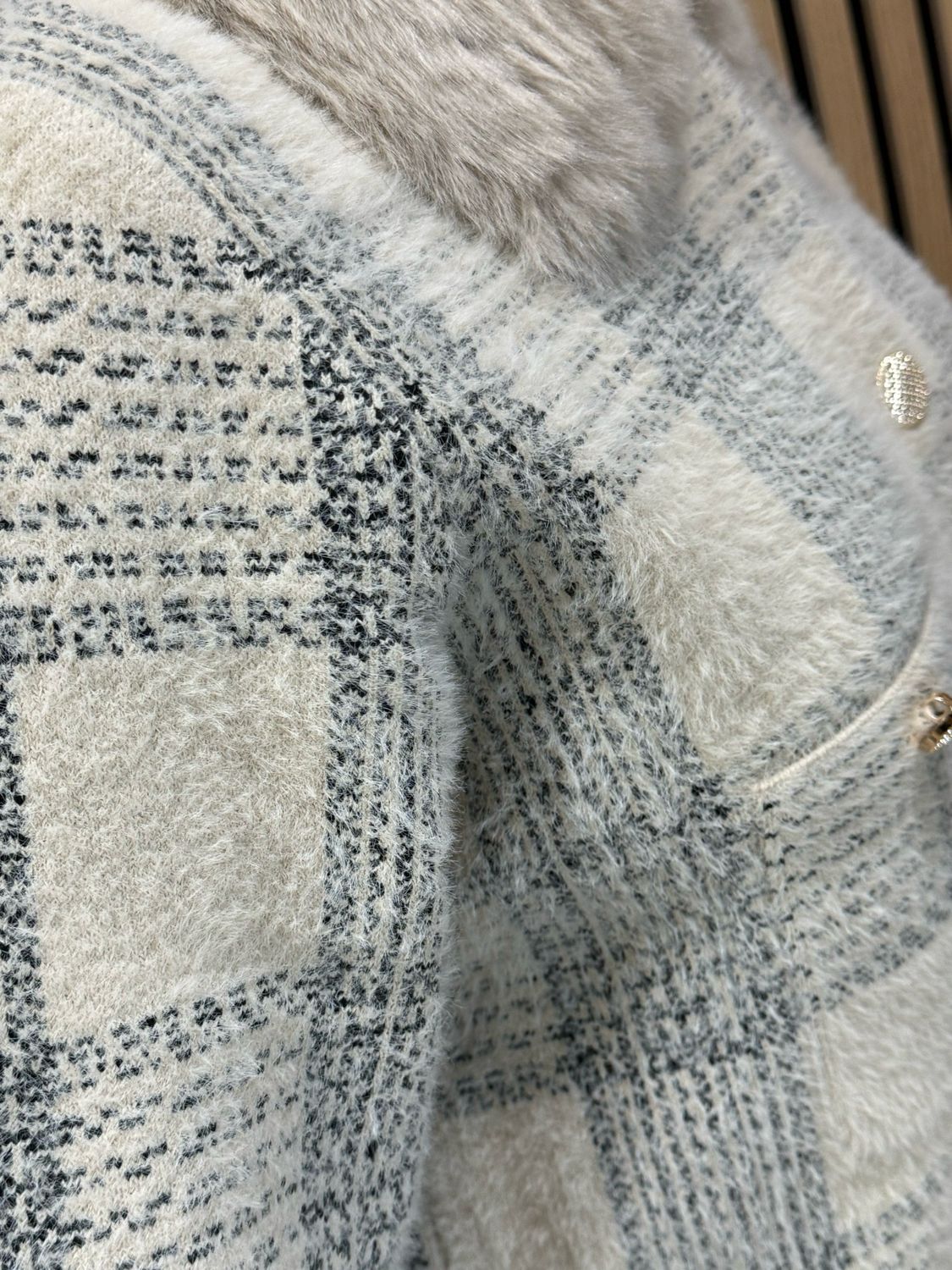 Checked Faux Fur Collar Jacket - Cream/Grey