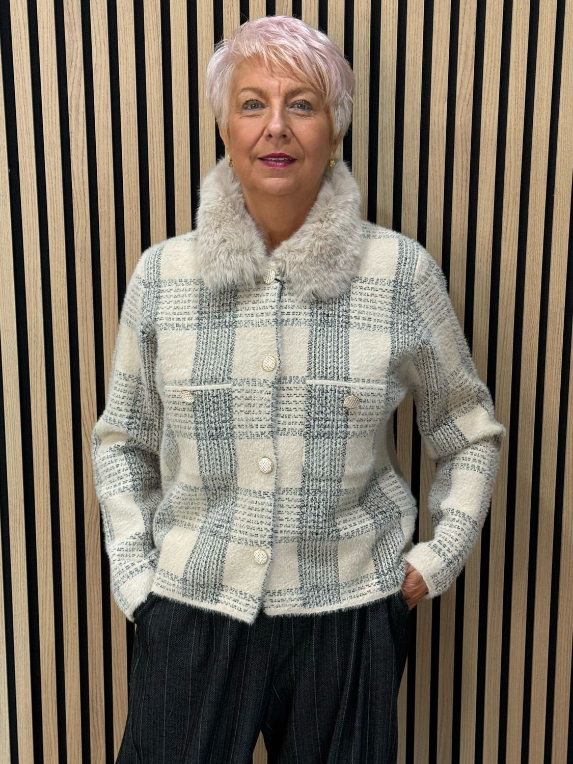 Checked Faux Fur Collar Jacket - Cream/Grey