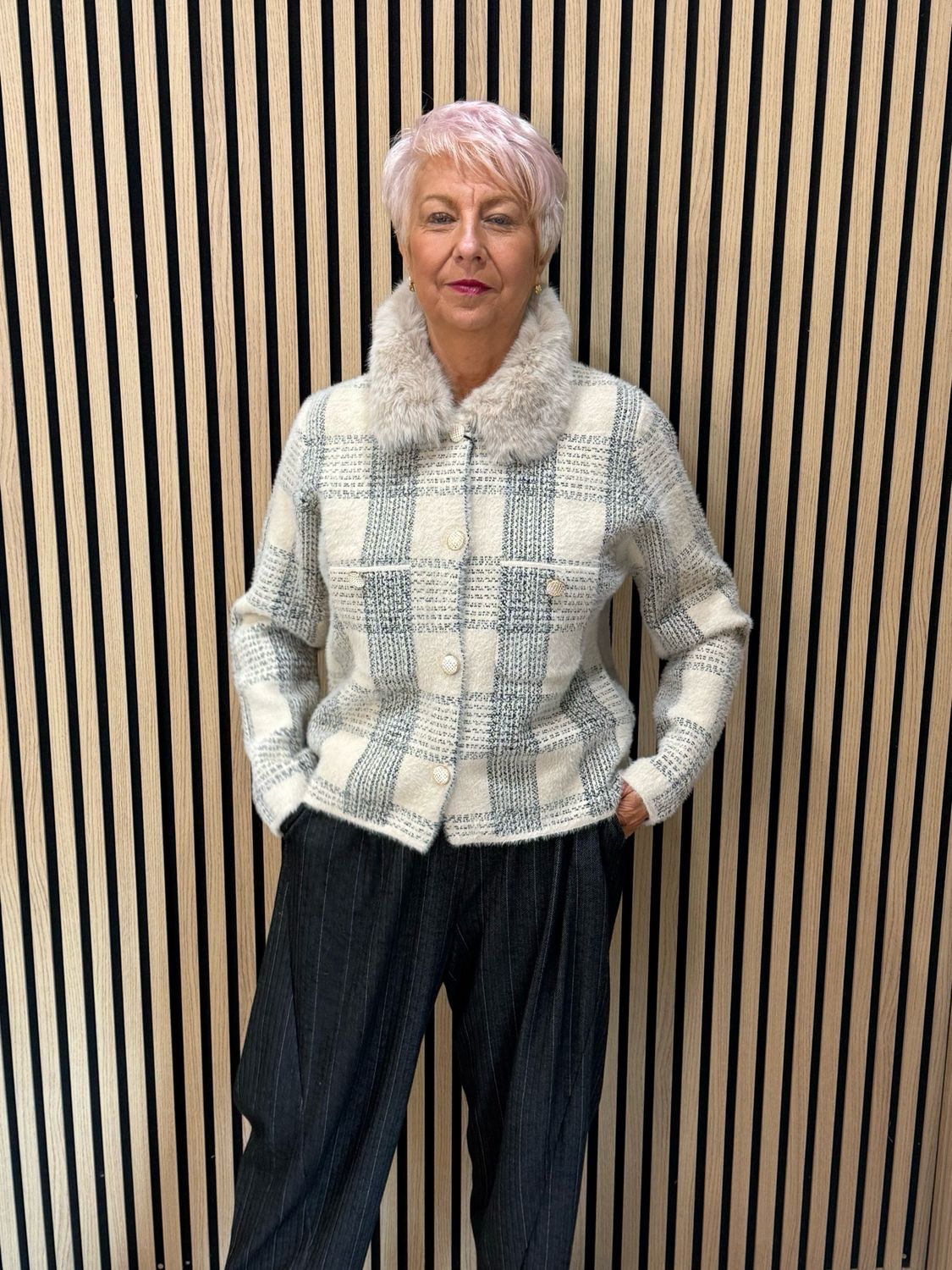 Checked Faux Fur Collar Jacket - Cream/Grey