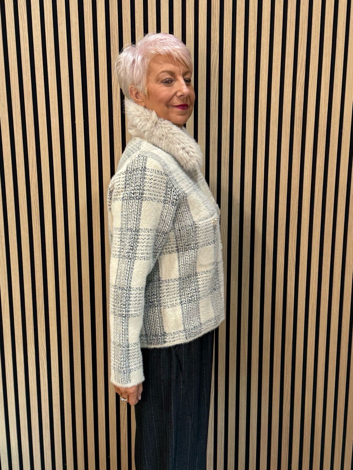 Checked Faux Fur Collar Jacket - Cream/Grey