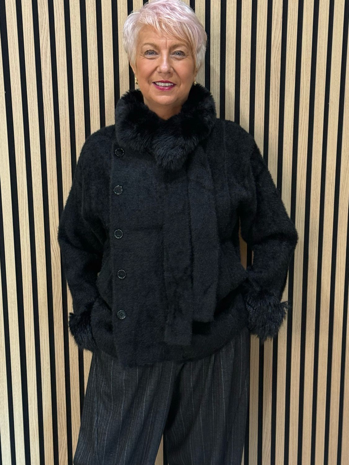 Faux Fur Button Front Jacket - Black