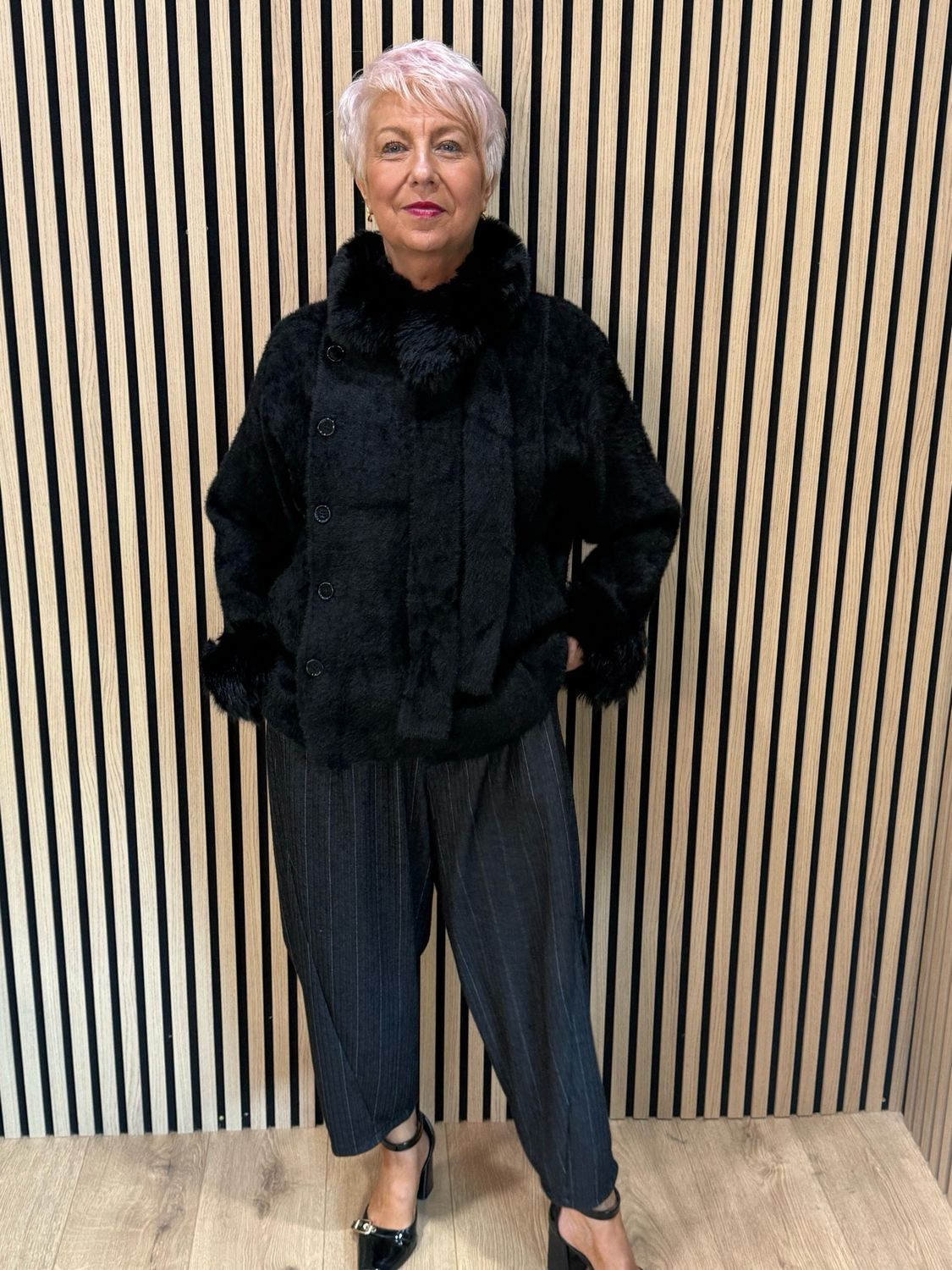 Faux Fur Button Front Jacket - Black