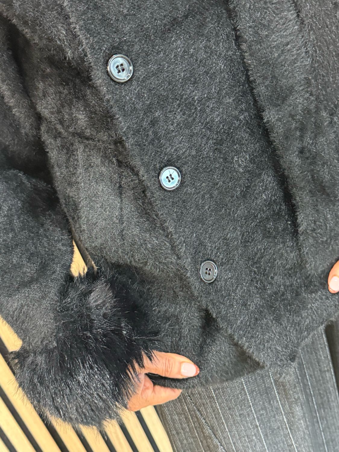 Faux Fur Button Front Jacket - Black