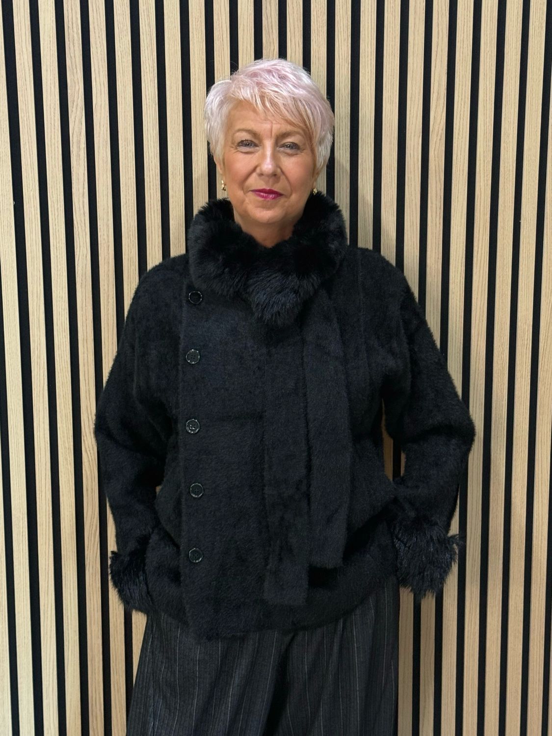 Faux Fur Button Front Jacket - Black
