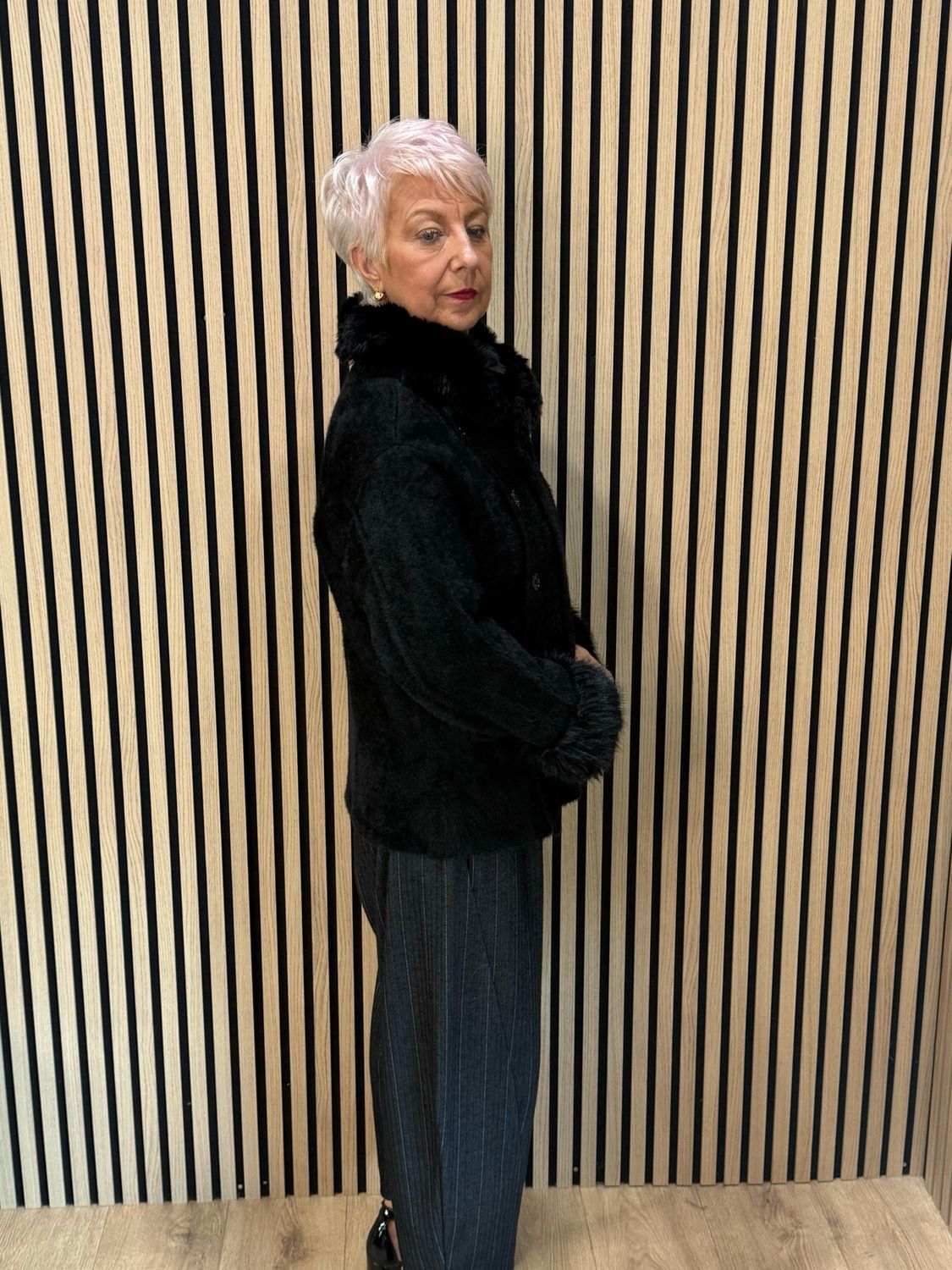 Faux Fur Button Front Jacket - Black