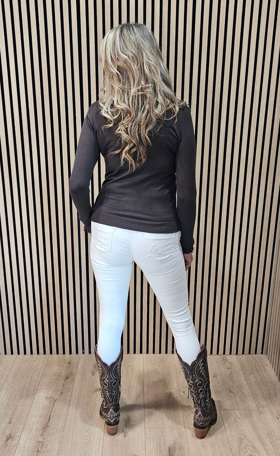 Frill Trim Fine-Knit Jumper – Chocolate