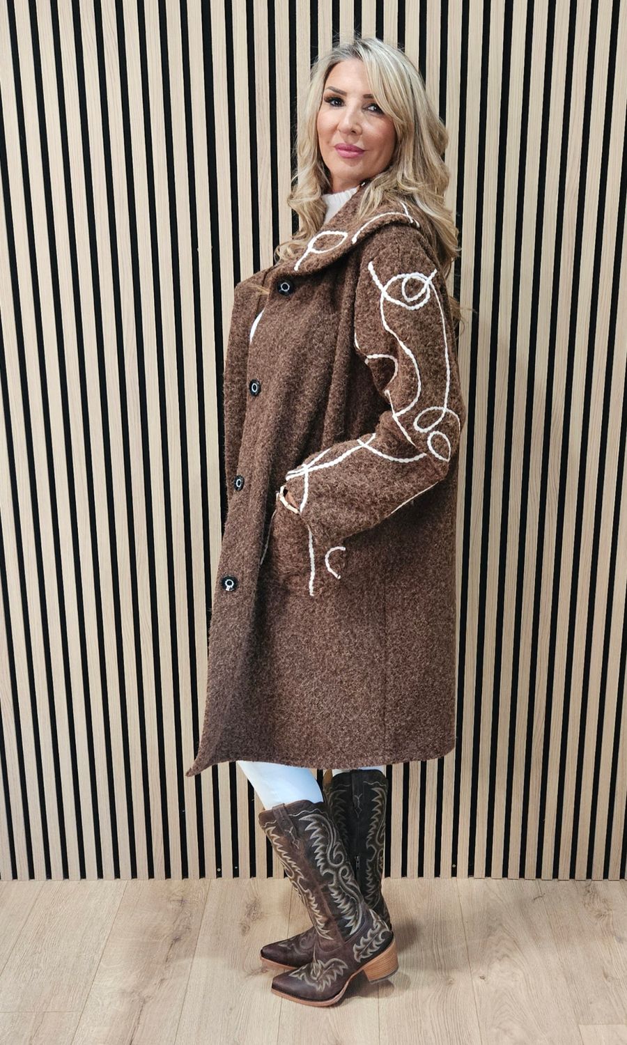 Abstract Embroidered Longline Coat - Chocolate