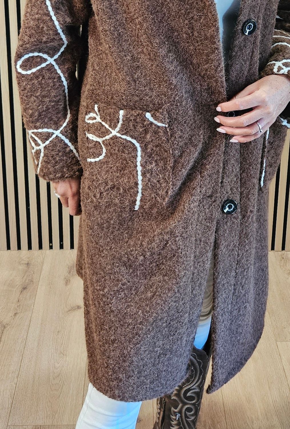 Abstract Embroidered Longline Coat - Chocolate