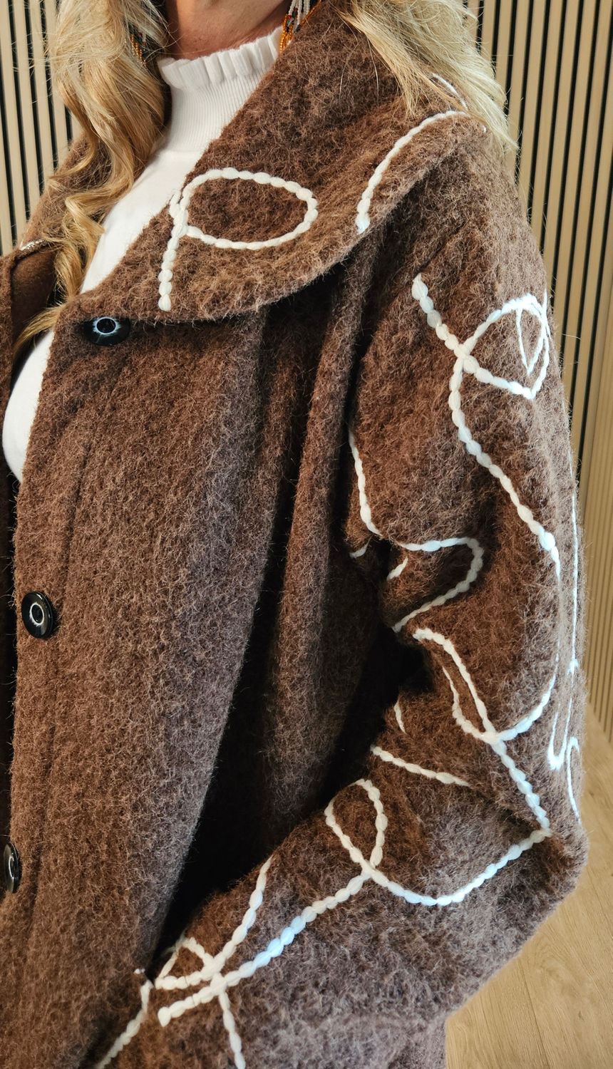 Abstract Embroidered Longline Coat - Chocolate