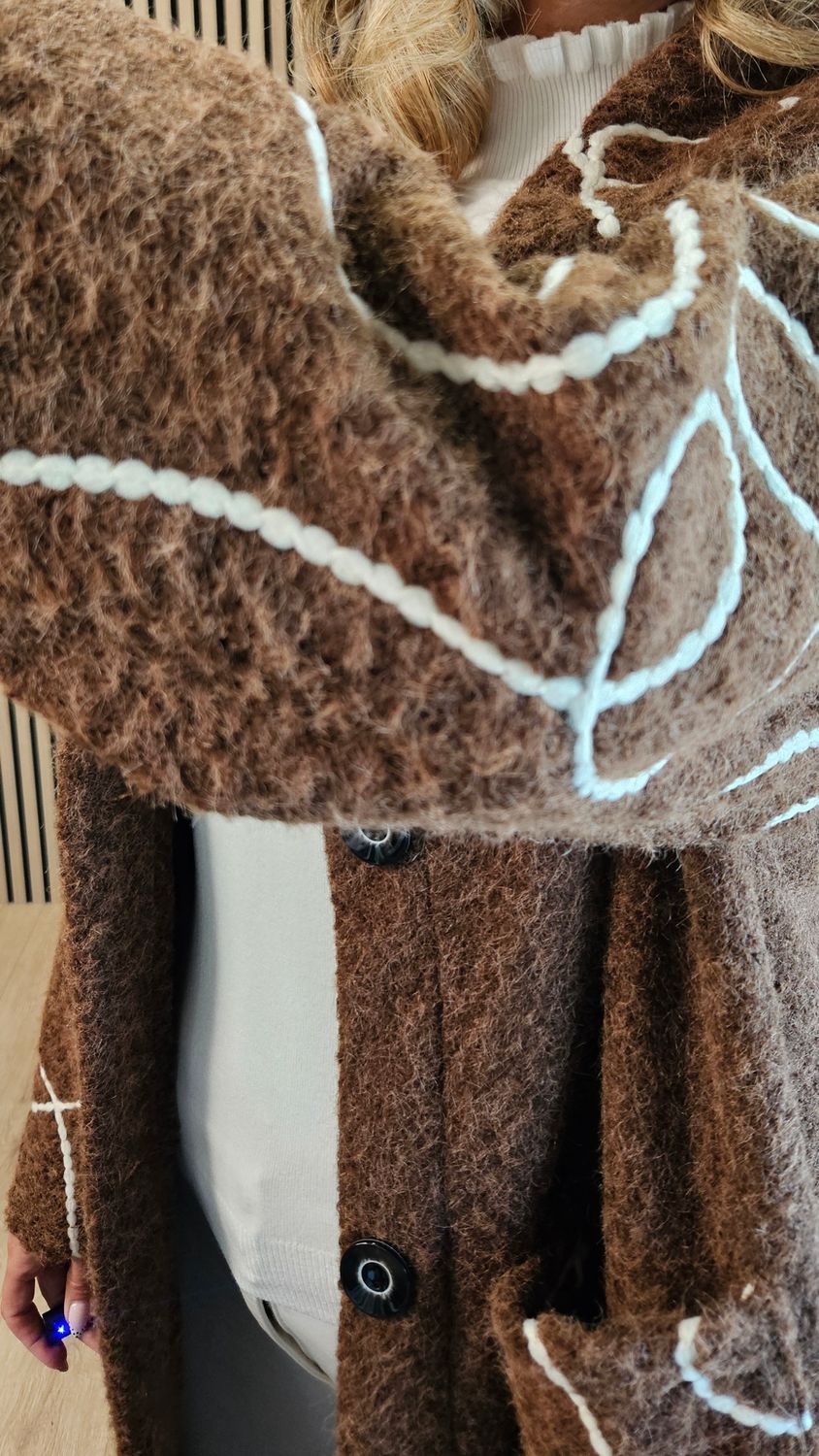 Abstract Embroidered Longline Coat - Chocolate