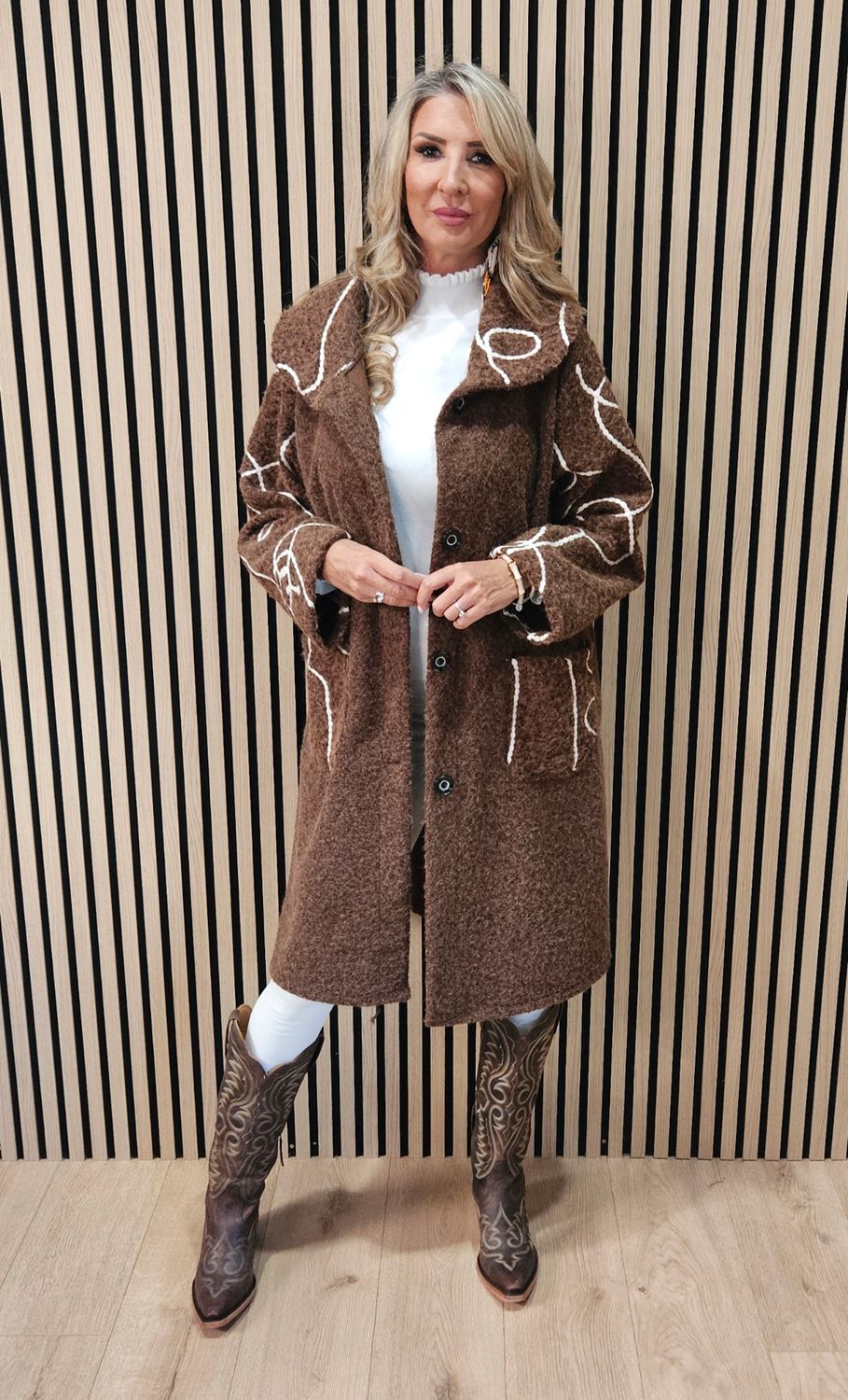 Abstract Embroidered Longline Coat - Chocolate