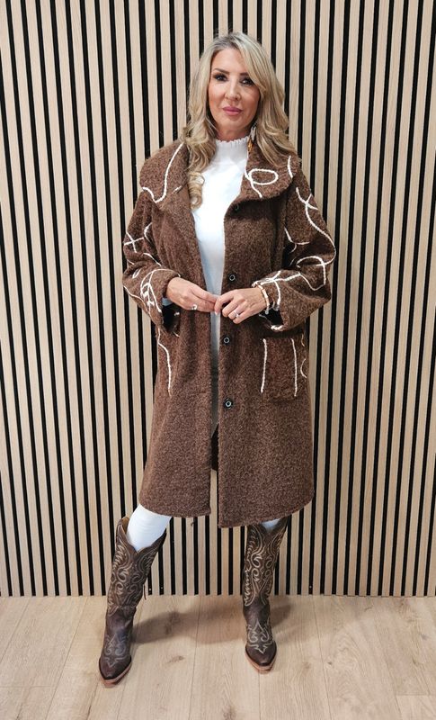 Abstract Embroidered Longline Coat - Chocolate Abstract Embroidered Longline Coat - Chocolate