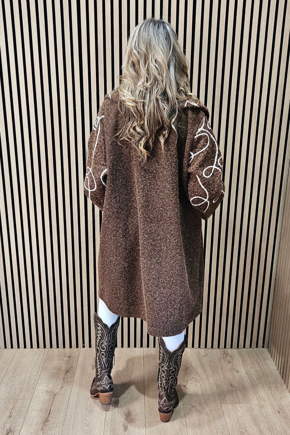 Abstract Embroidered Longline Coat - Chocolate