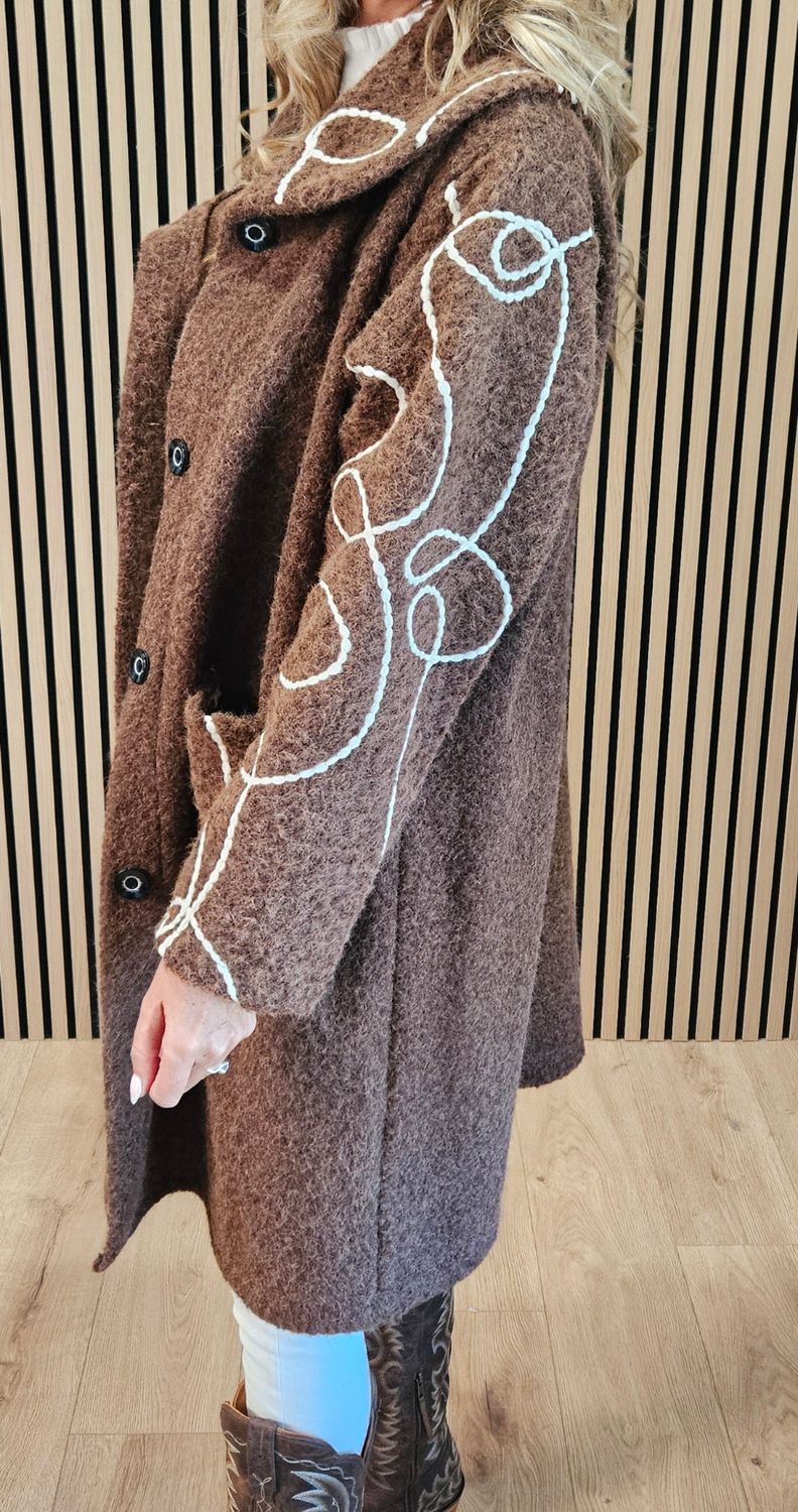Abstract Embroidered Longline Coat - Chocolate