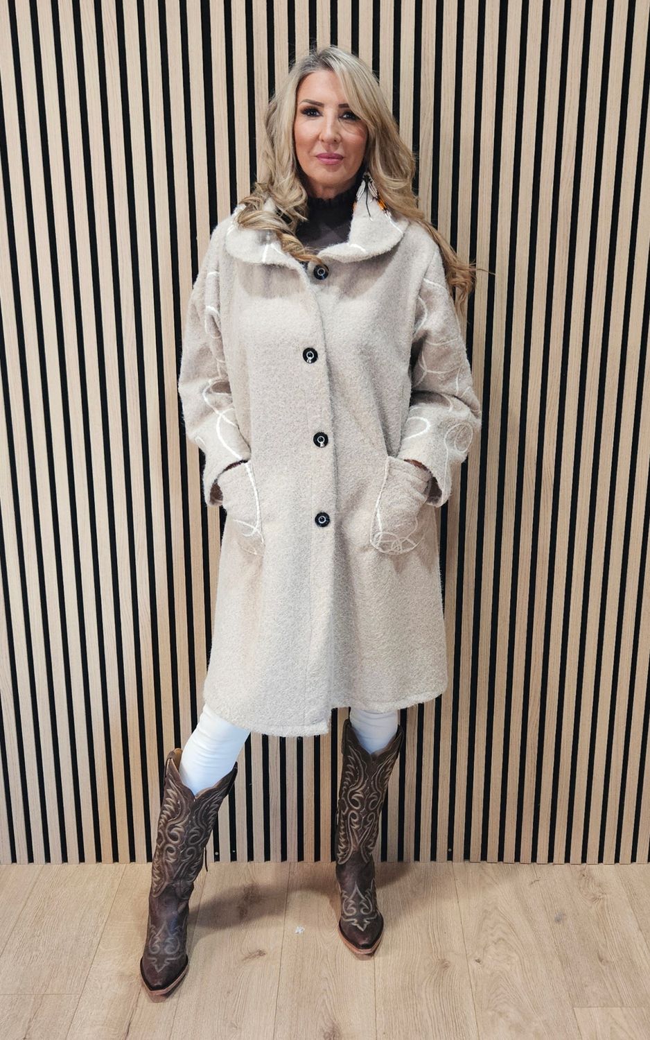 Abstract Embroidered Longline Coat - Stone