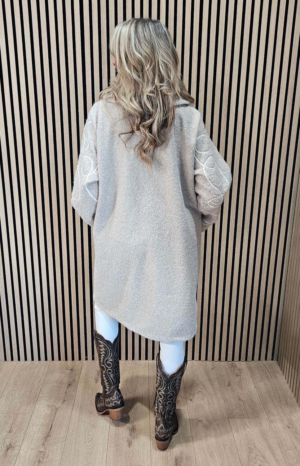 Abstract Embroidered Longline Coat - Stone