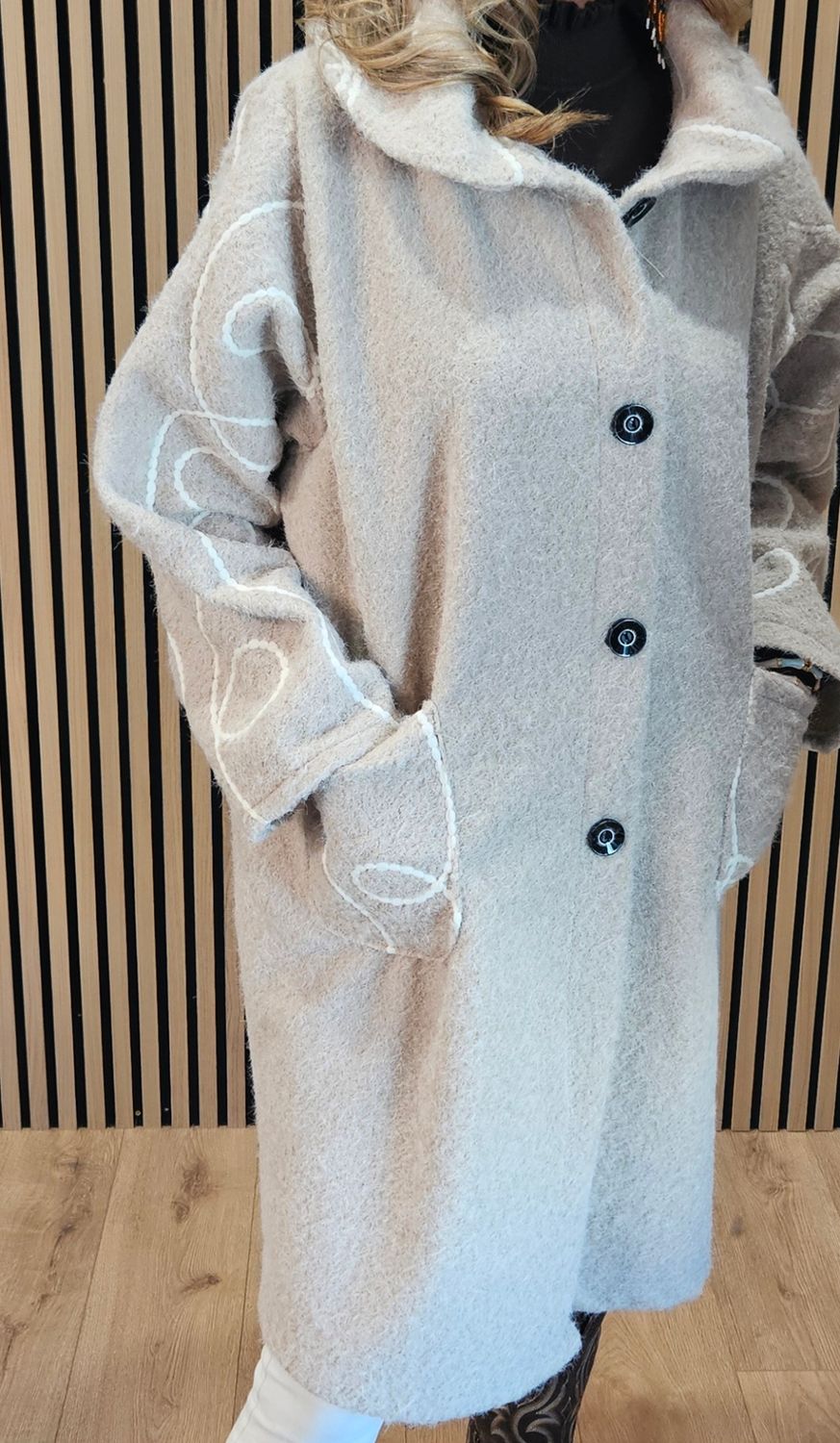 Abstract Embroidered Longline Coat - Stone