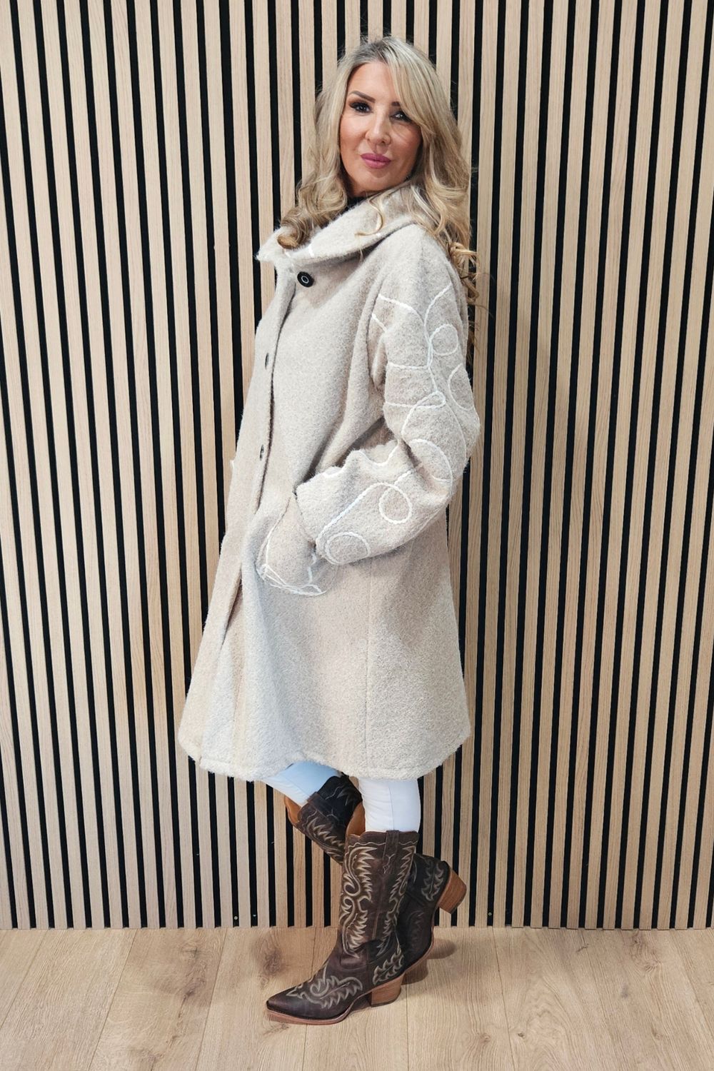 Abstract Embroidered Longline Coat - Stone