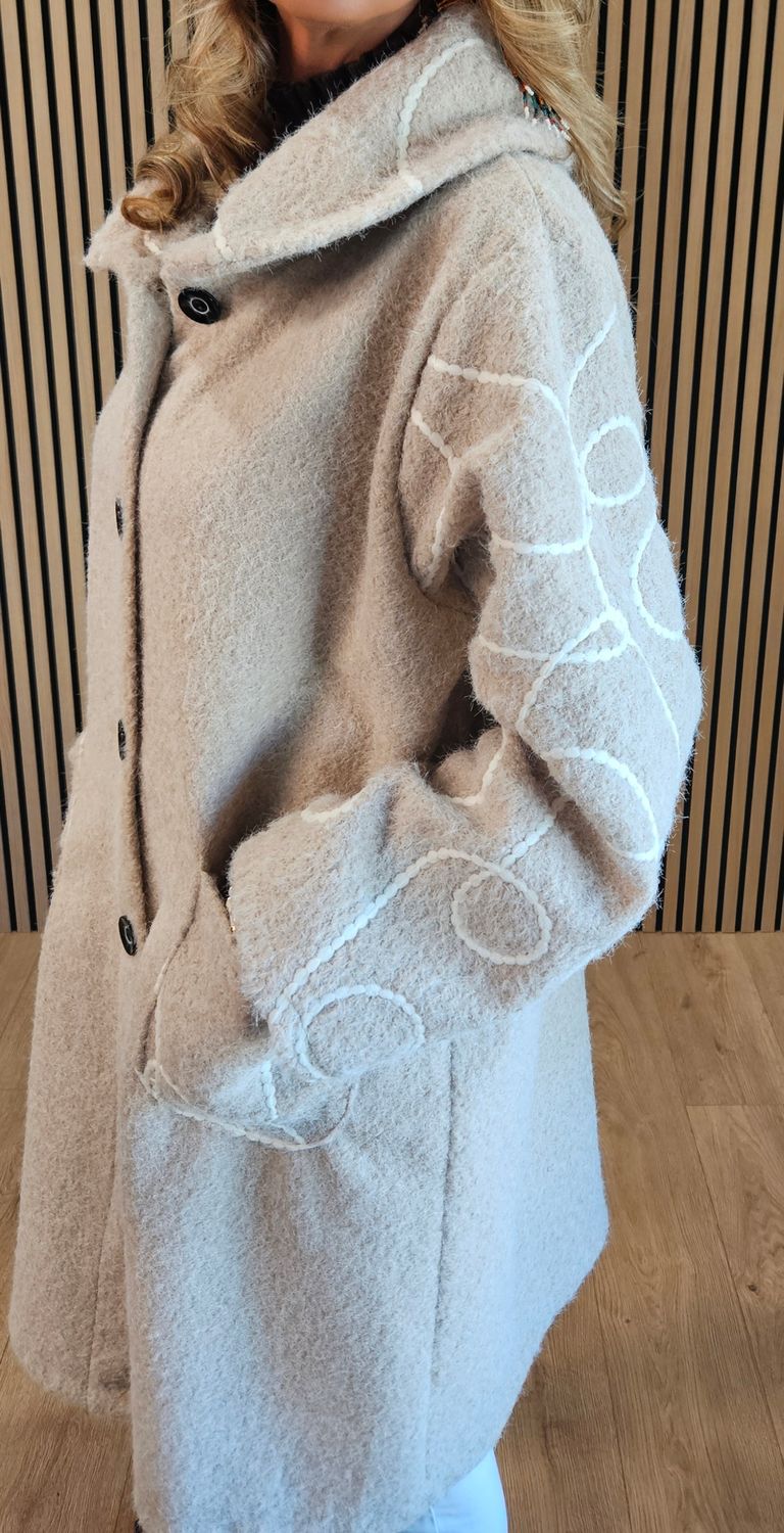 Abstract Embroidered Longline Coat - Stone