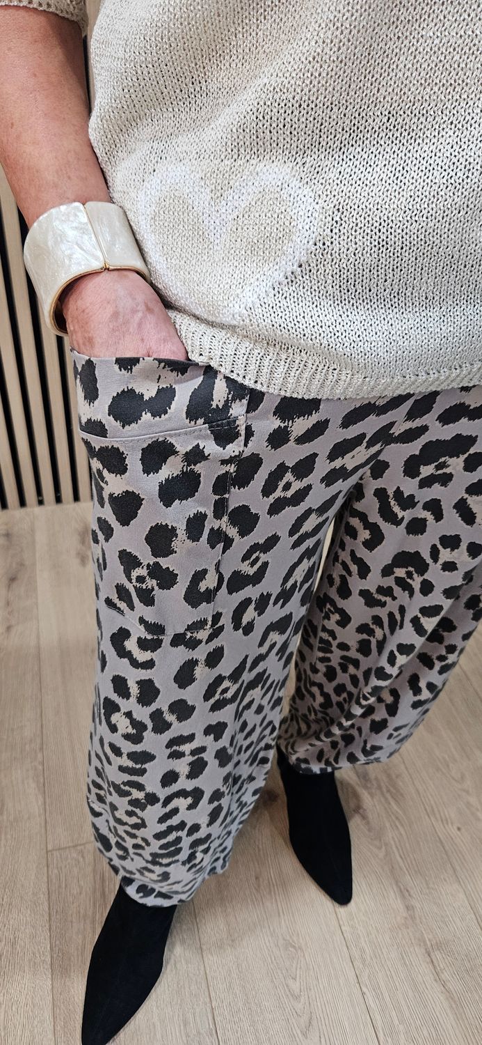 Leopard Print Stretch Trousers - Grey