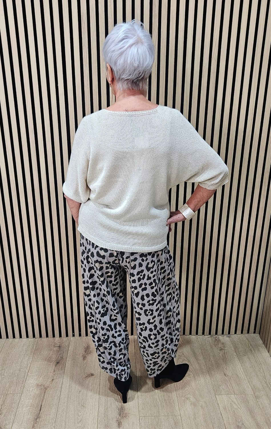 Leopard Print Stretch Trousers - Grey
