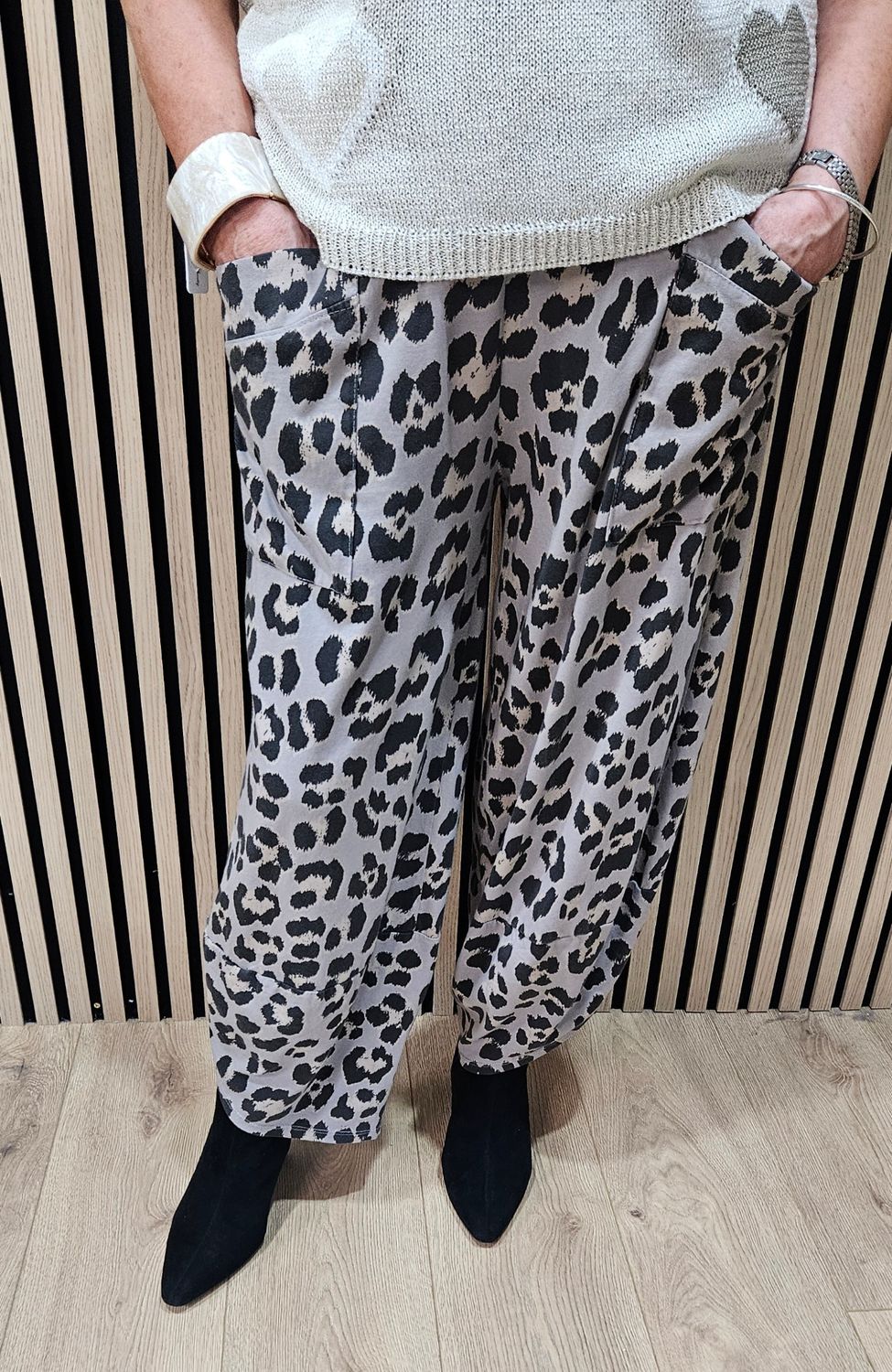 Leopard Print Stretch Trousers - Grey
