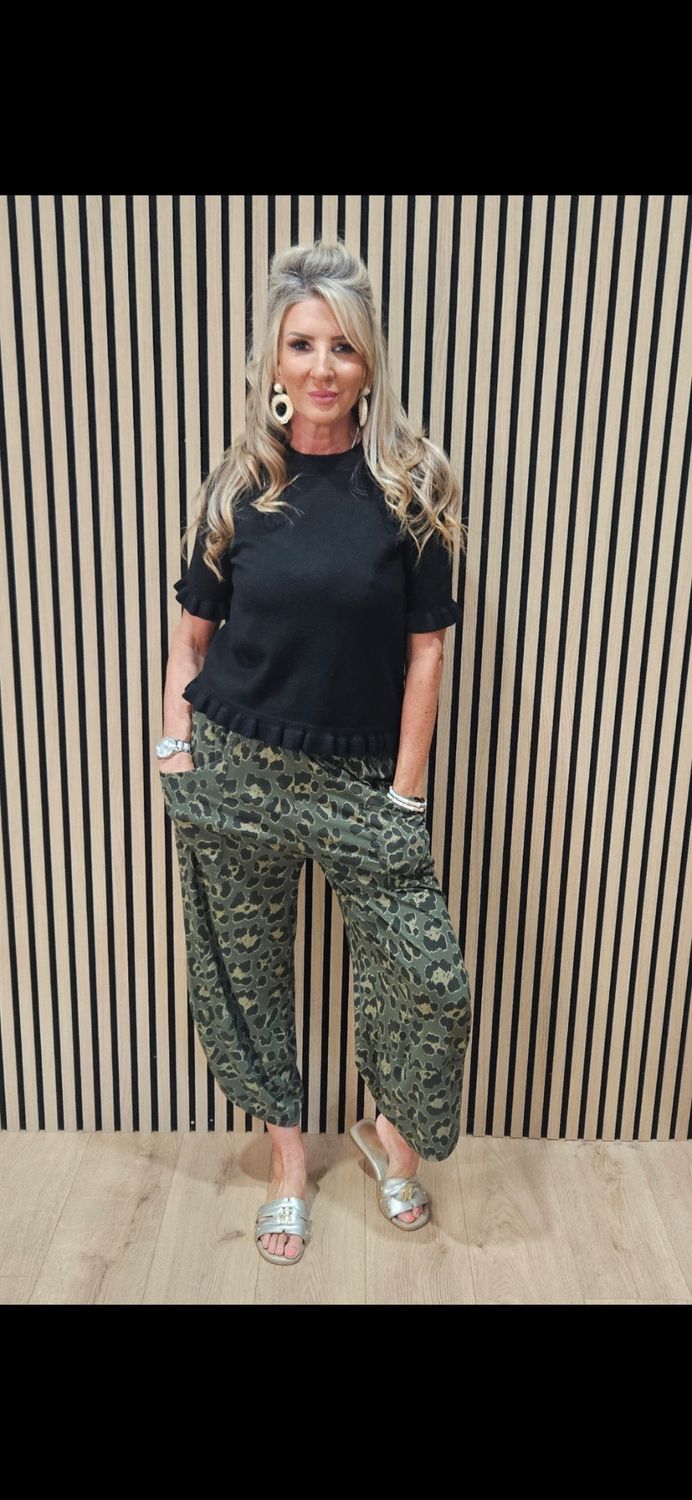 Leopard Print Stretch Trousers - Khaki