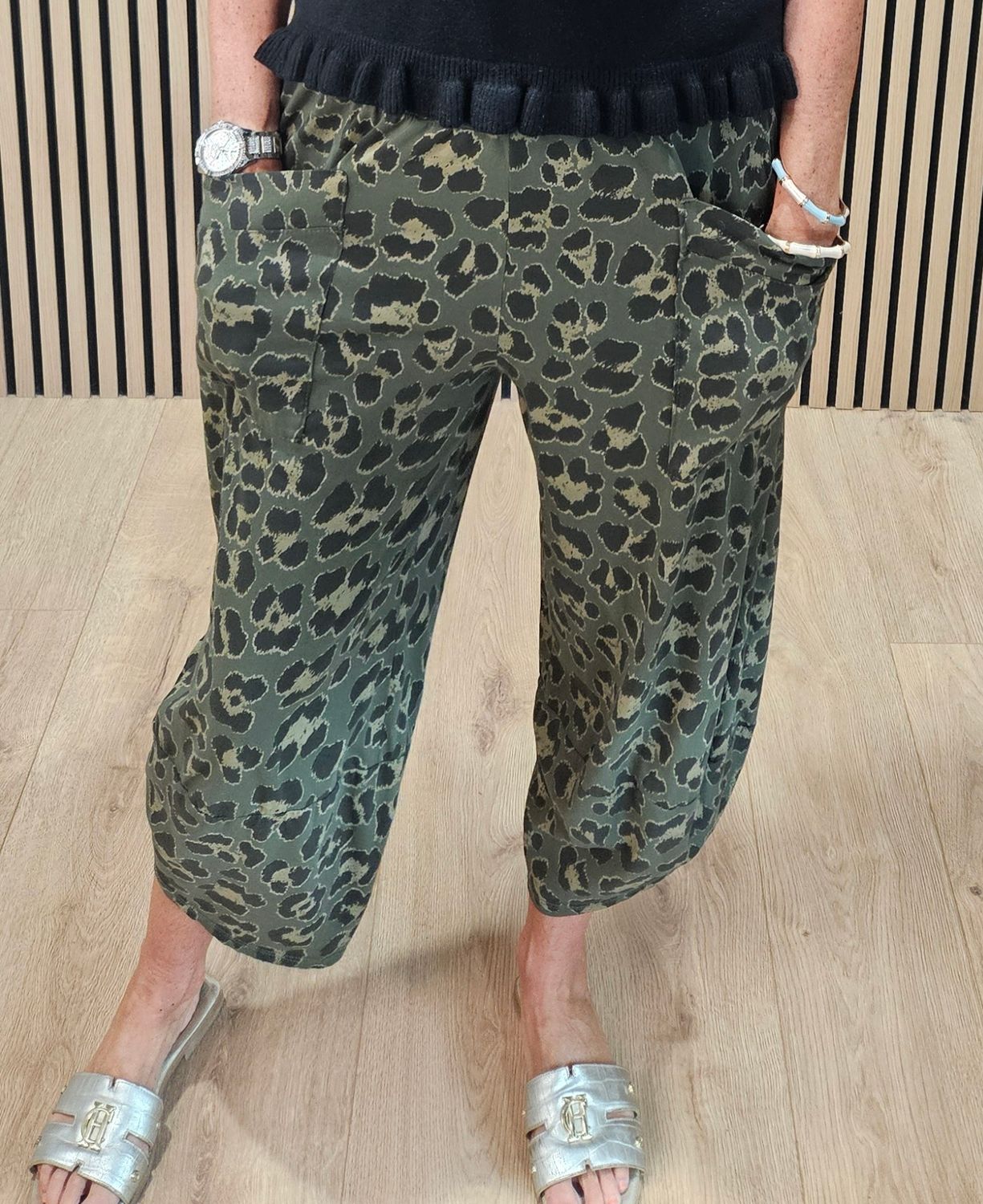 Leopard Print Stretch Trousers - Khaki