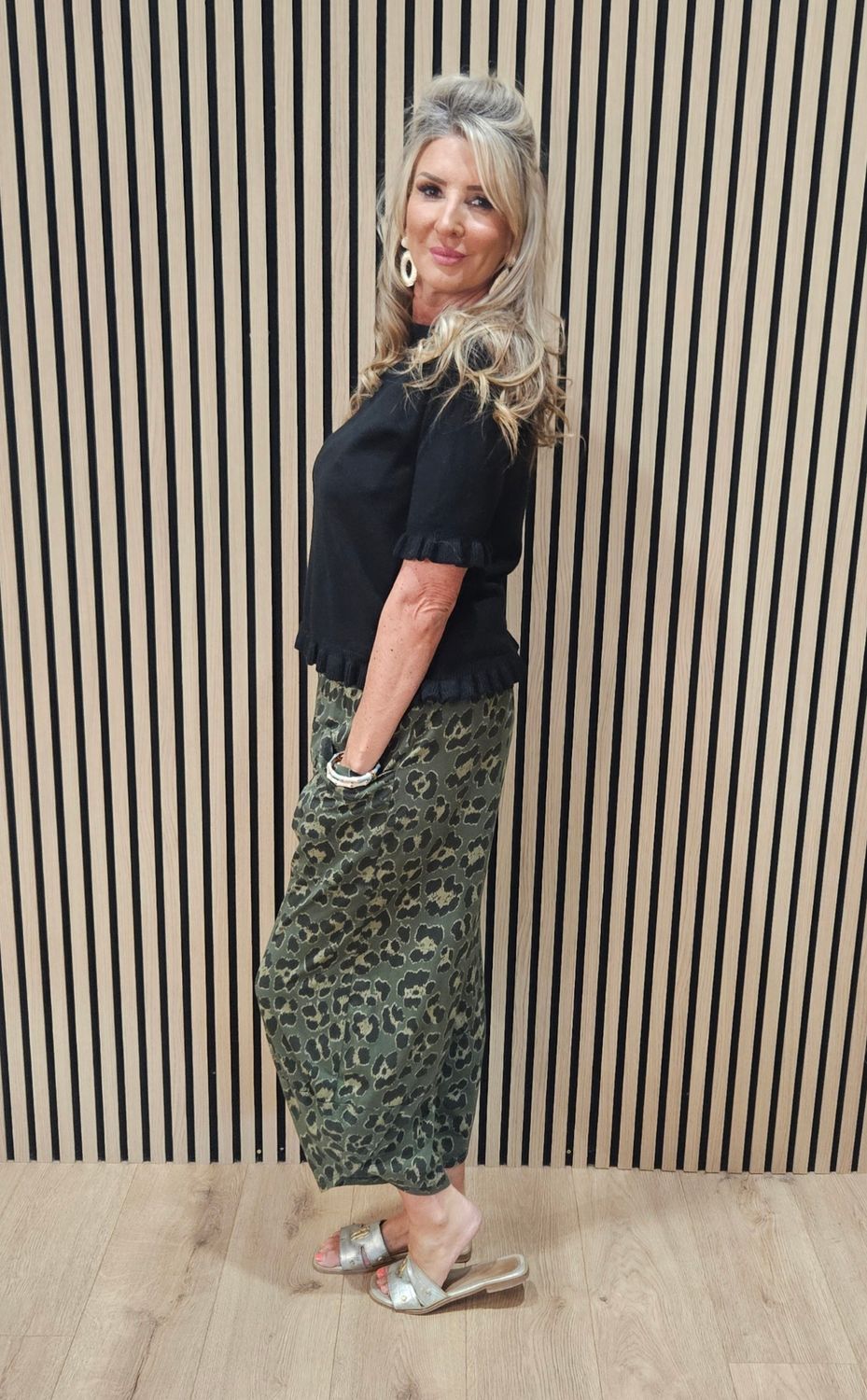 Leopard Print Stretch Trousers - Khaki
