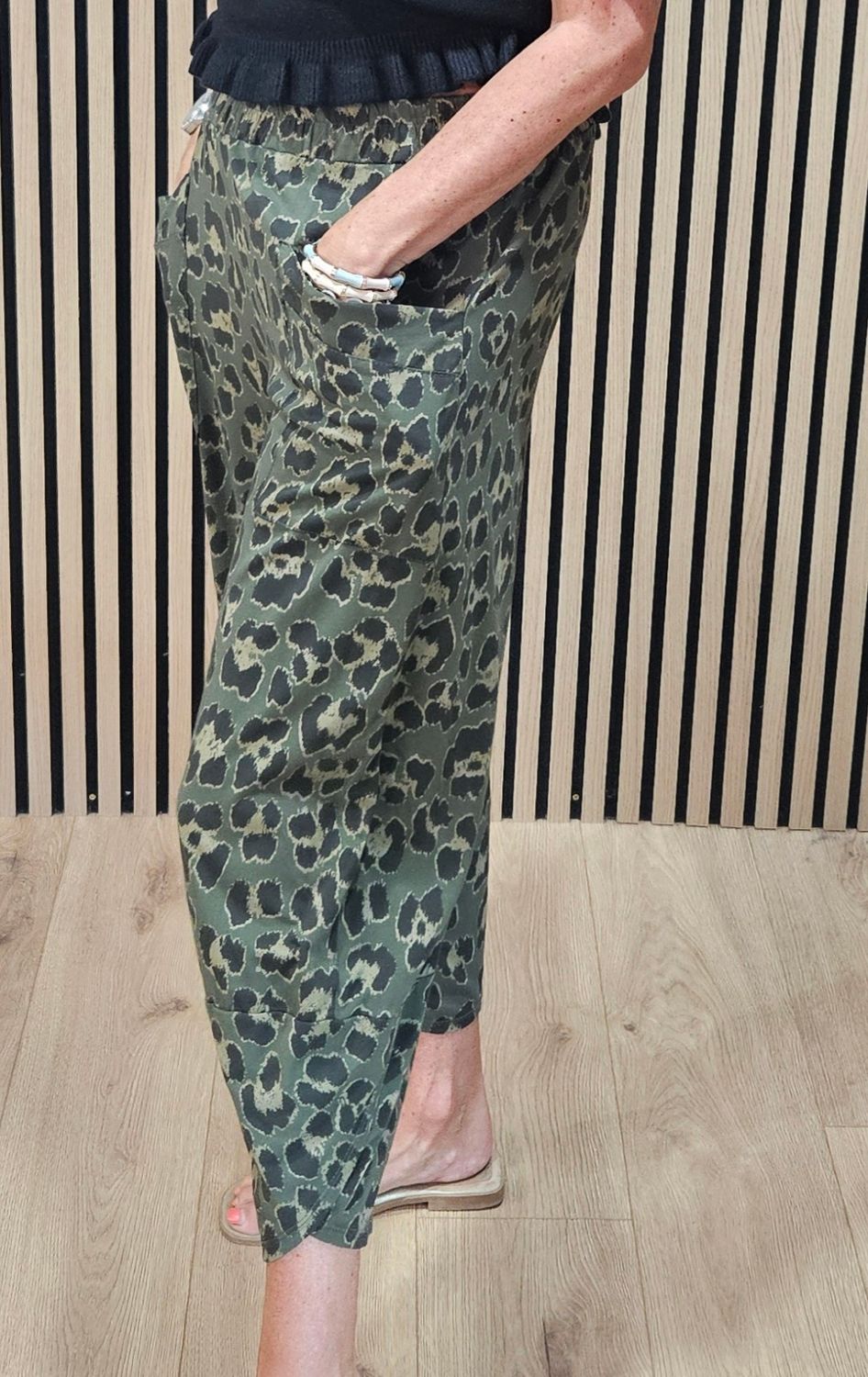 Leopard Print Stretch Trousers - Khaki