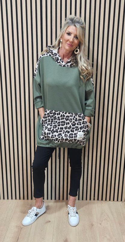 Leopard Detail Drawstring Hoodie - Khaki