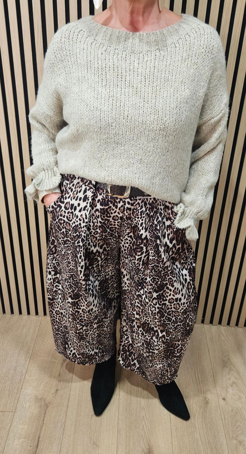 Leopard Print Wide Leg Belted Trousers
