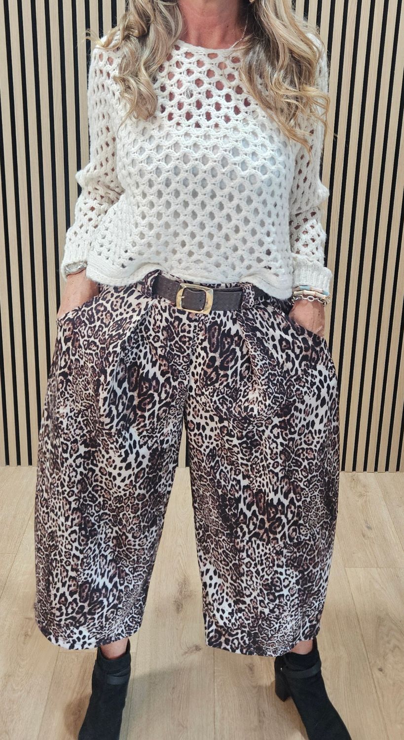 Leopard Print Wide Leg Belted Trousers