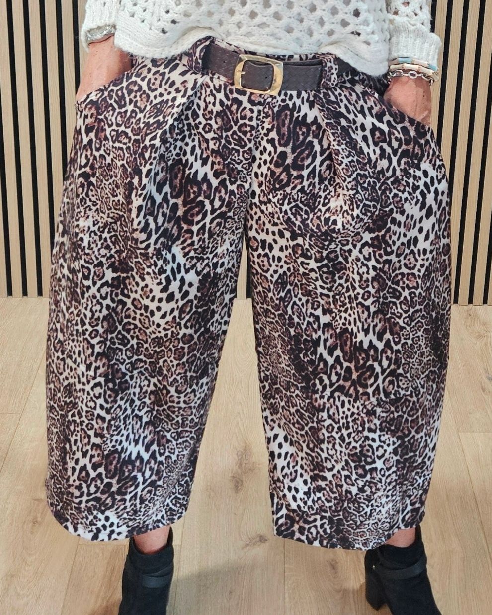 Leopard Print Wide Leg Belted Trousers