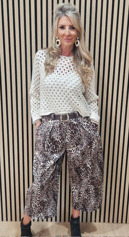 Leopard Print Wide Leg Belted Trousers