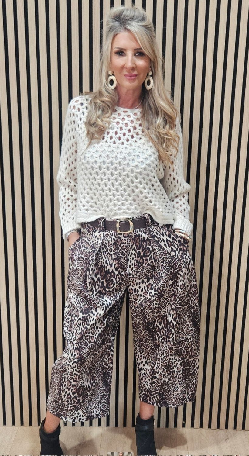 Leopard Print Wide Leg Belted Trousers