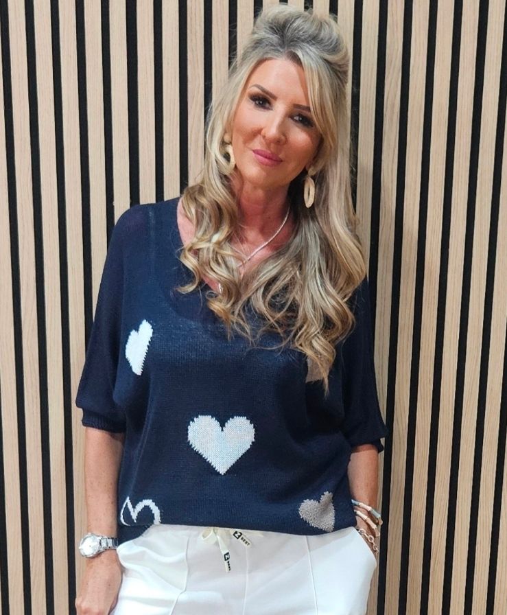 Heart Print Lightweight Jumper - Navy