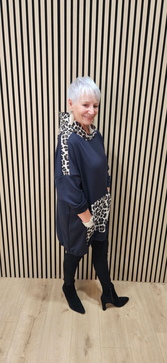 Leopard Detail Drawstring Hoodie - Navy