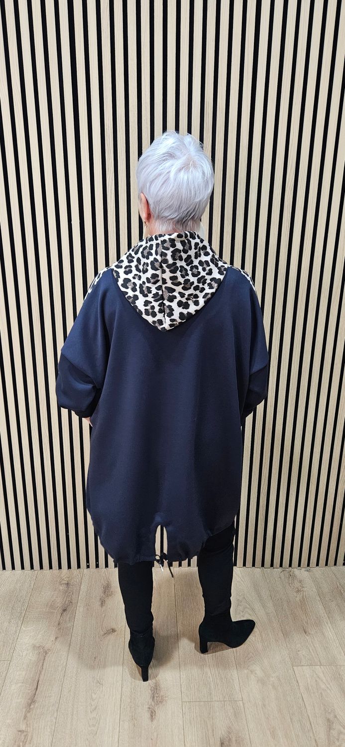 Leopard Detail Drawstring Hoodie - Navy
